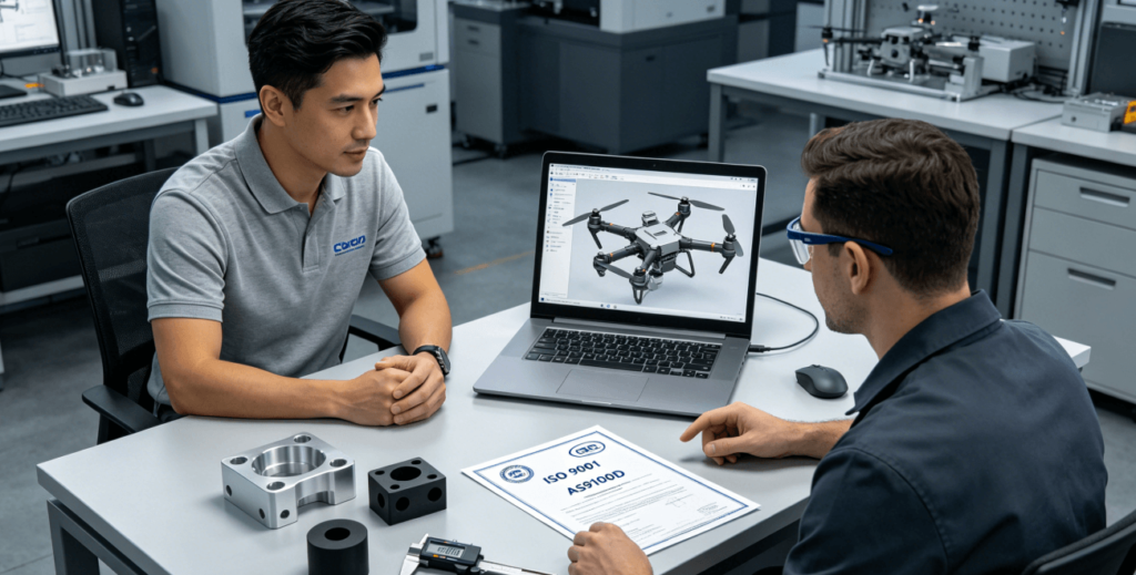 An engineer and a rapid prototyping service provider specialist collaborate in a modern office, reviewing CAD designs on a laptop alongside physical CNC-machined prototypes. A visual overlay highlights the four key evaluation pillars: Technical Capability, Timeline Assurance, Collaborative DFM, and Quality Certifications.