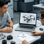 An engineer and a rapid prototyping service provider specialist collaborate in a modern office, reviewing CAD designs on a laptop alongside physical CNC-machined prototypes. A visual overlay highlights the four key evaluation pillars: Technical Capability, Timeline Assurance, Collaborative DFM, and Quality Certifications.